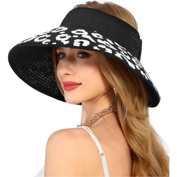 Women\'s Wide Brim UV Protection Sun Hat Leopard Trim Straw Roll Up Beach Visor main image 6